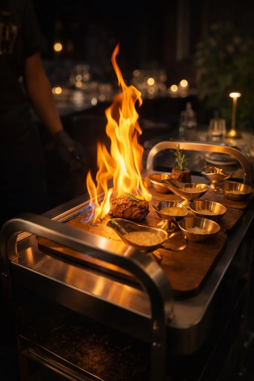 Tableside fire — flambé service at 450 Gradi Miami