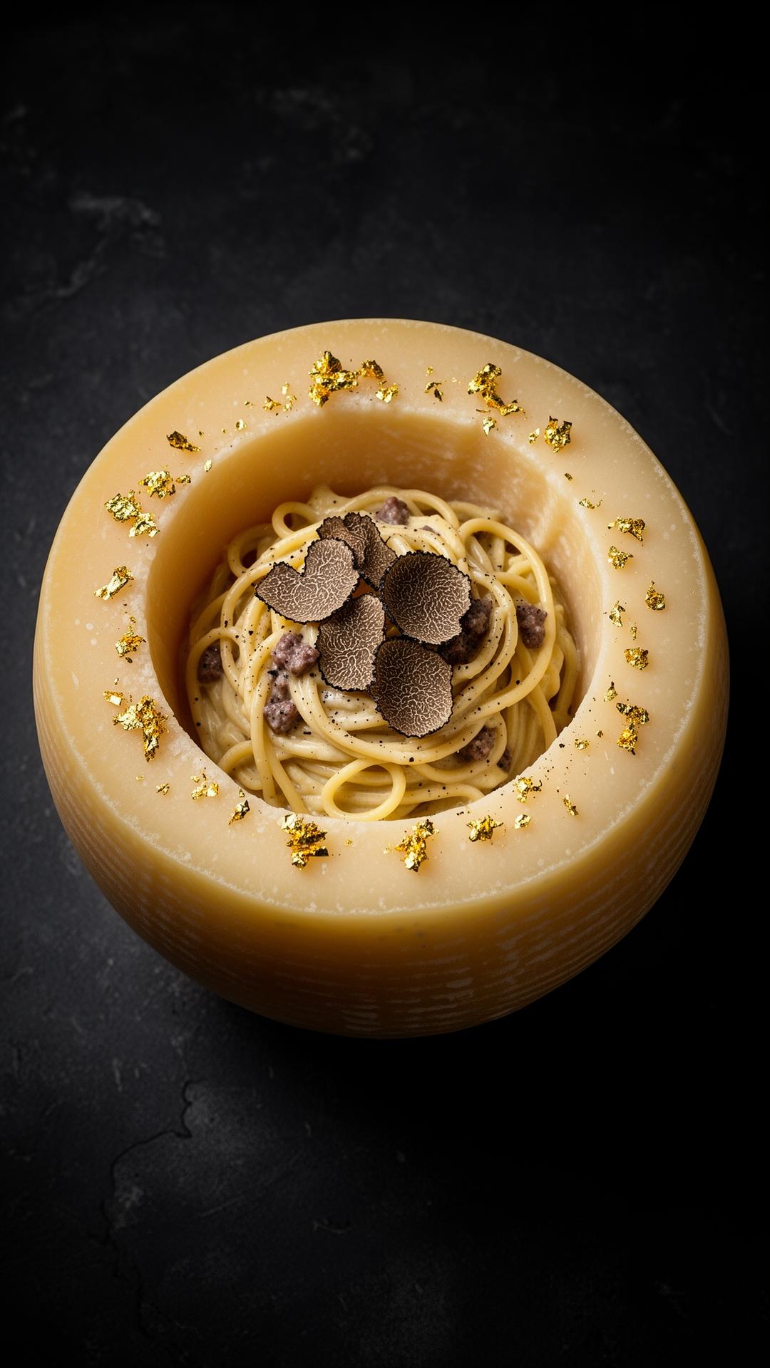 Truffle carbonara finished tableside in a pecorino wheel at 450 Gradi Miami