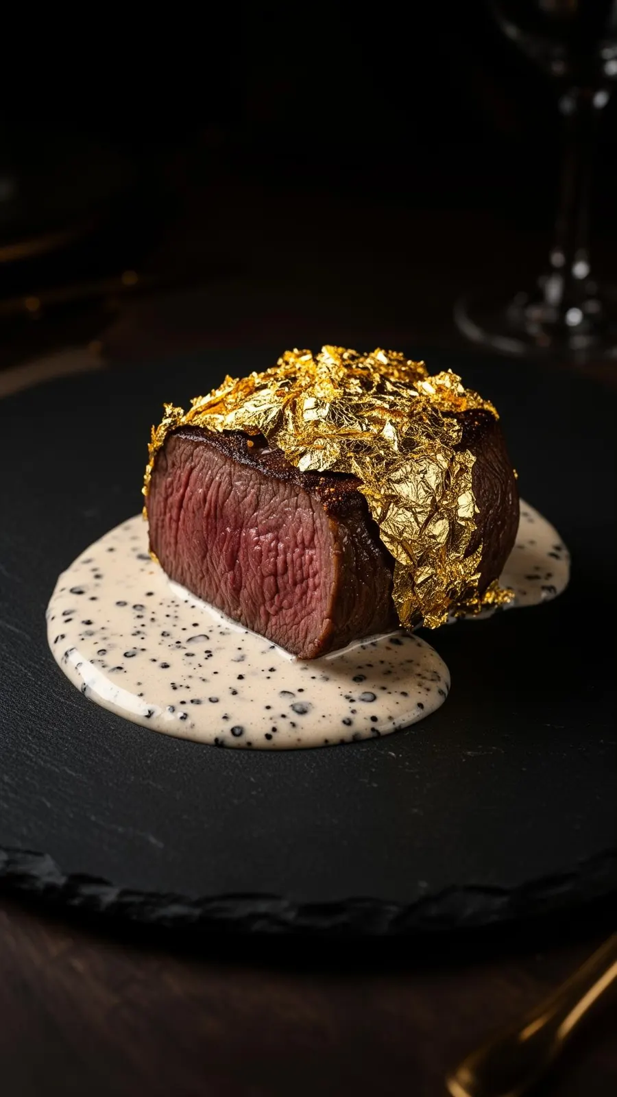 Prime filet mignon finished with 24kt gold leaf — signature dish at 450 Gradi Miami